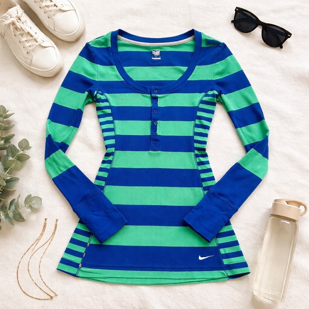 Nike Athletic Dept Womens Blue Green Striped Waffle Knit Henley Top Small
